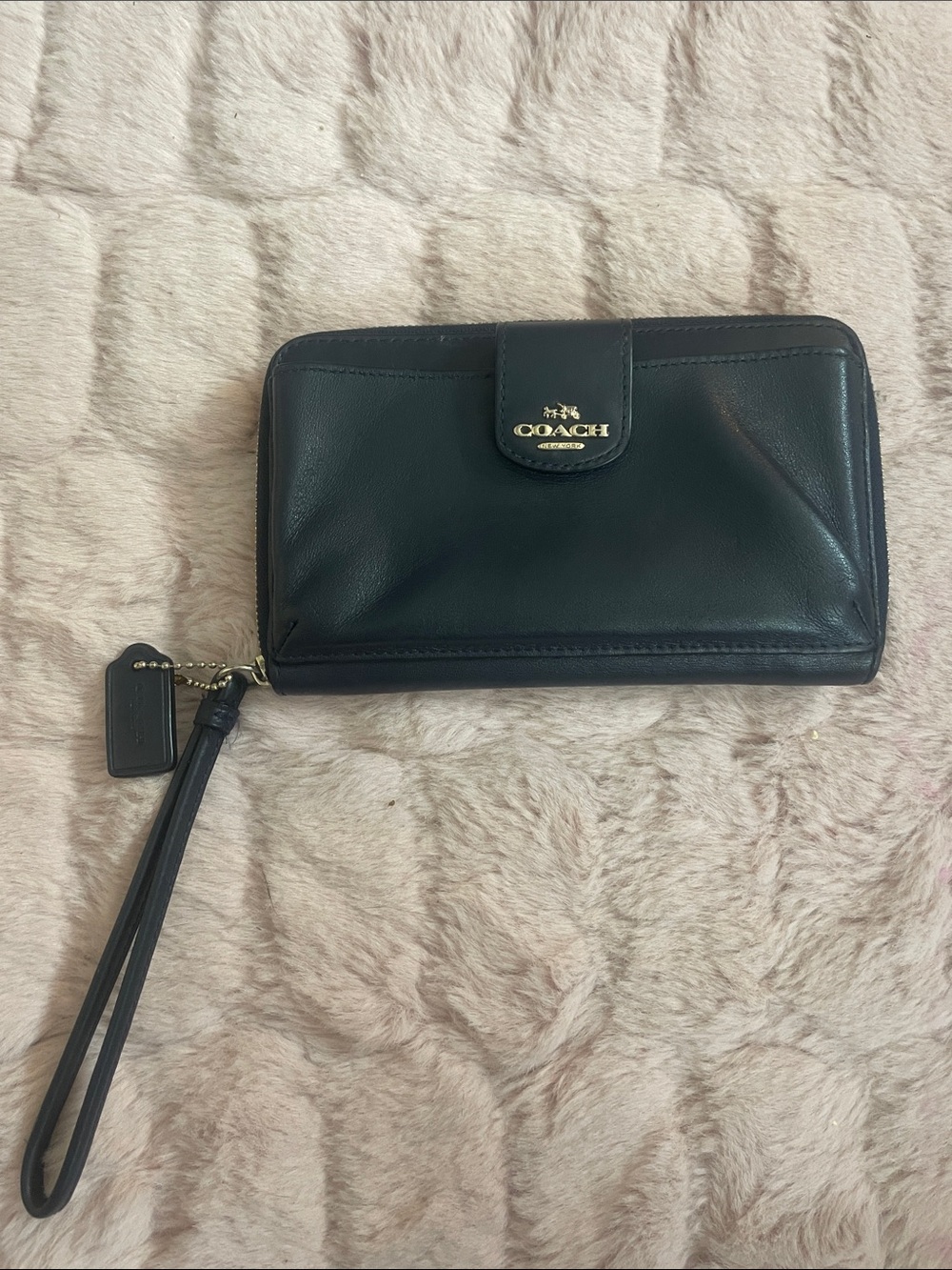 Coach navy blue Leather Wristlet with Gold Logo
